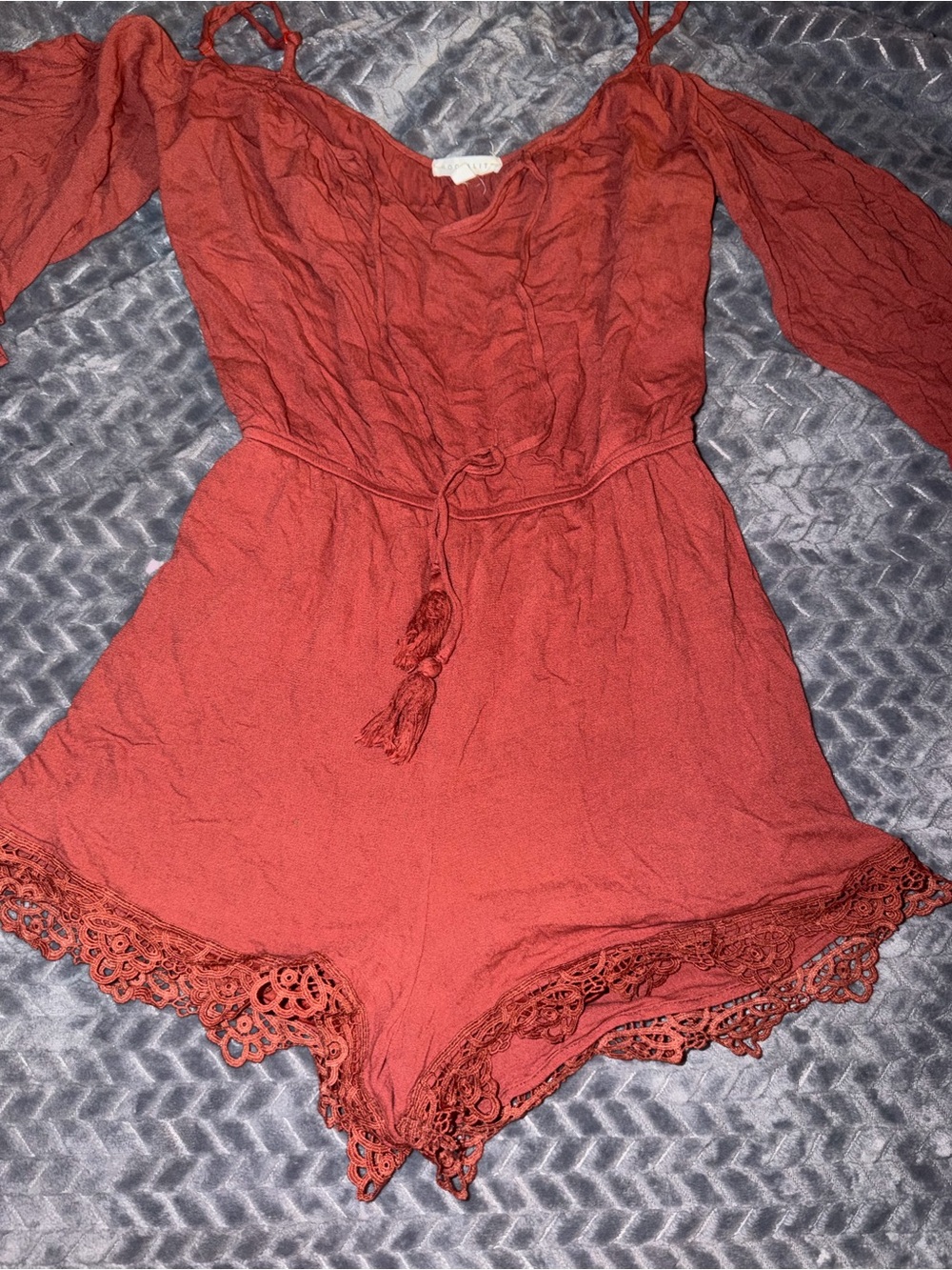 Socialite Rust Orange Off-Shoulder Lace-Trim Romper